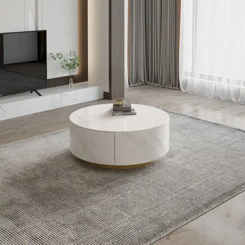 Tavolino moderno rotondo con ripiano effetto marmo e 2 cassetti