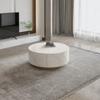 Tavolino moderno rotondo con ripiano effetto marmo e 2 cassetti