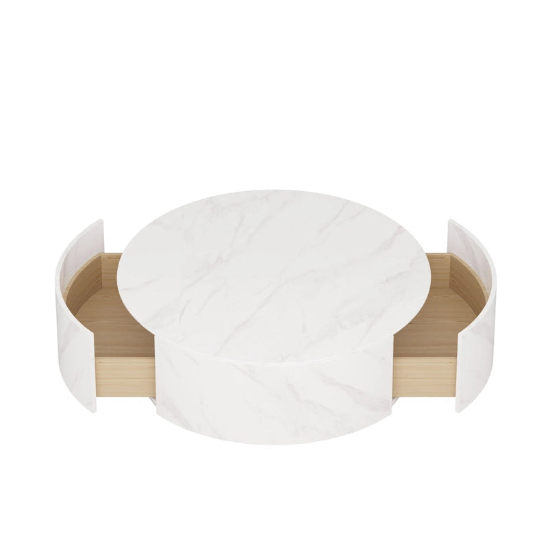 Tavolino moderno rotondo con ripiano effetto marmo e 2 cassetti