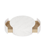 Tavolino moderno rotondo con ripiano effetto marmo e 2 cassetti