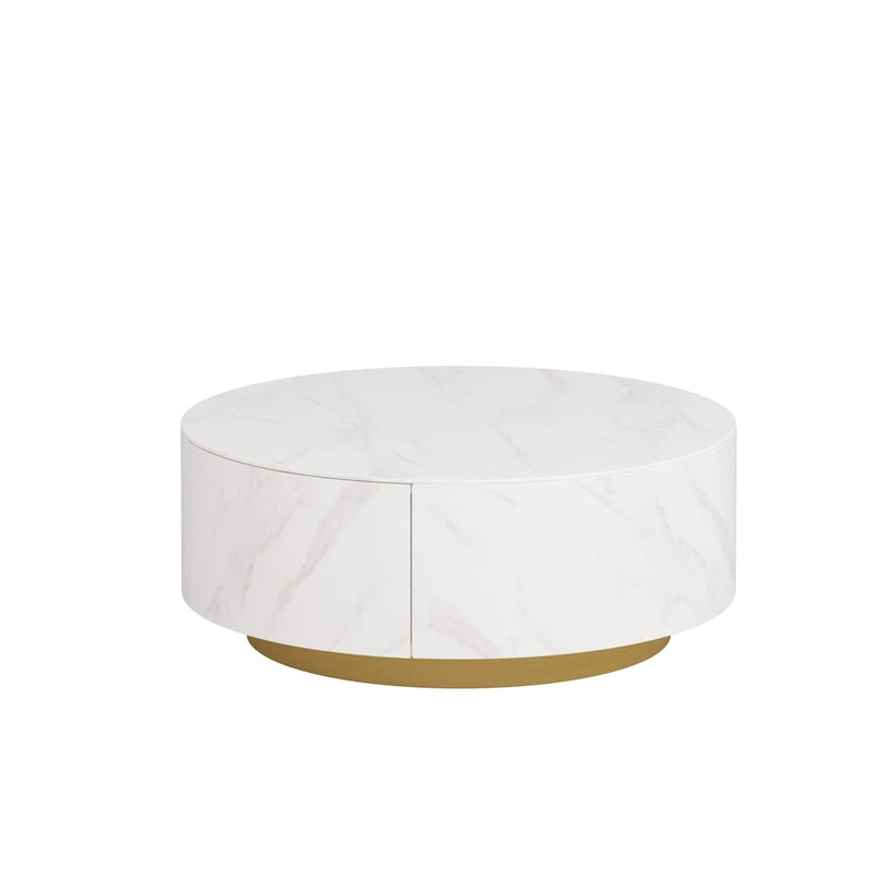 Tavolino moderno rotondo con ripiano effetto marmo e 2 cassetti