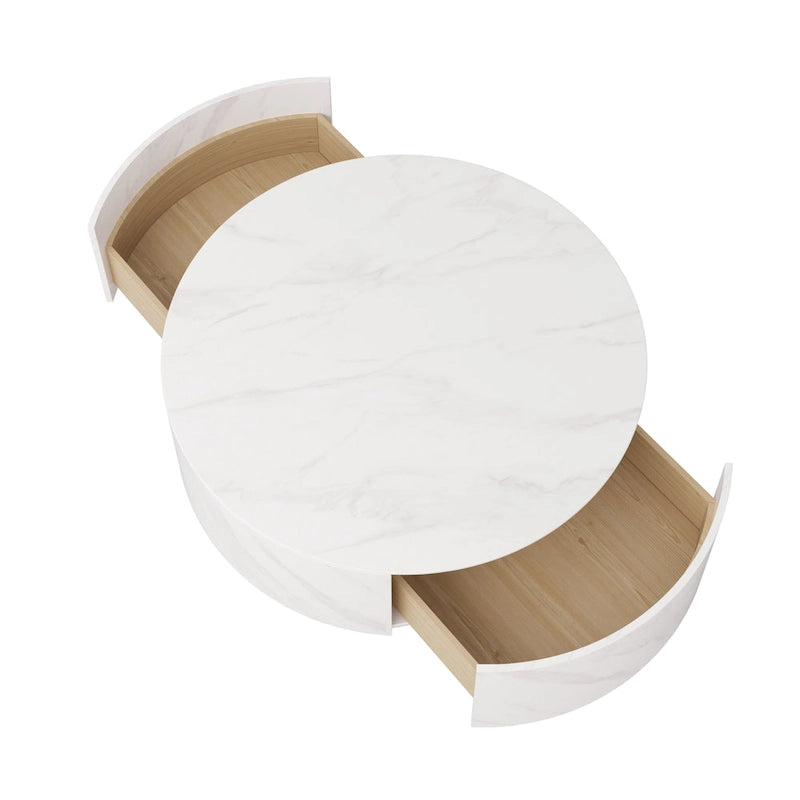 Tavolino moderno rotondo con ripiano effetto marmo e 2 cassetti