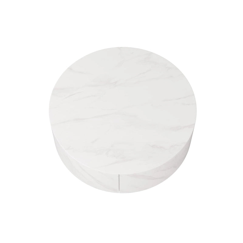 Tavolino moderno rotondo con ripiano effetto marmo e 2 cassetti