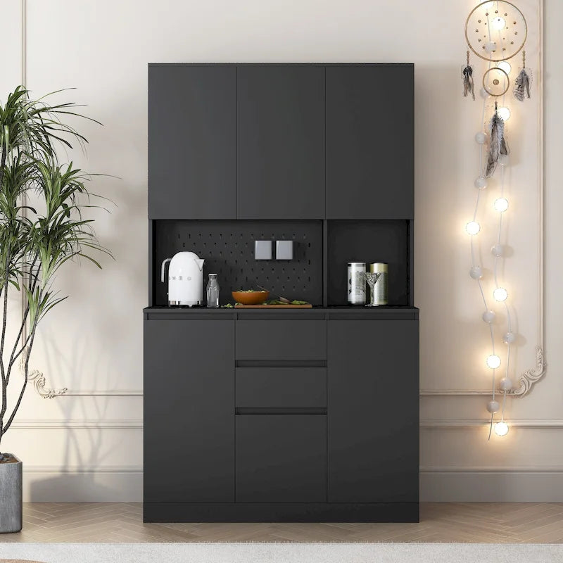 74 Armadio da dispensa da cucina autoportante con 6 ante, 3 ripiani e 2 cassetti, mobile contenitore per lavanderia