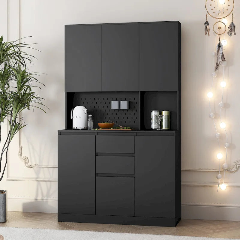 74 Armadio da dispensa da cucina autoportante con 6 ante, 3 ripiani e 2 cassetti, mobile contenitore per lavanderia