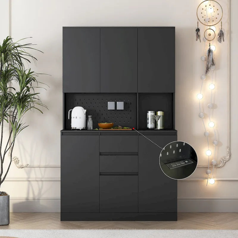 74 Armadio da dispensa da cucina autoportante con 6 ante, 3 ripiani e 2 cassetti, mobile contenitore per lavanderia
