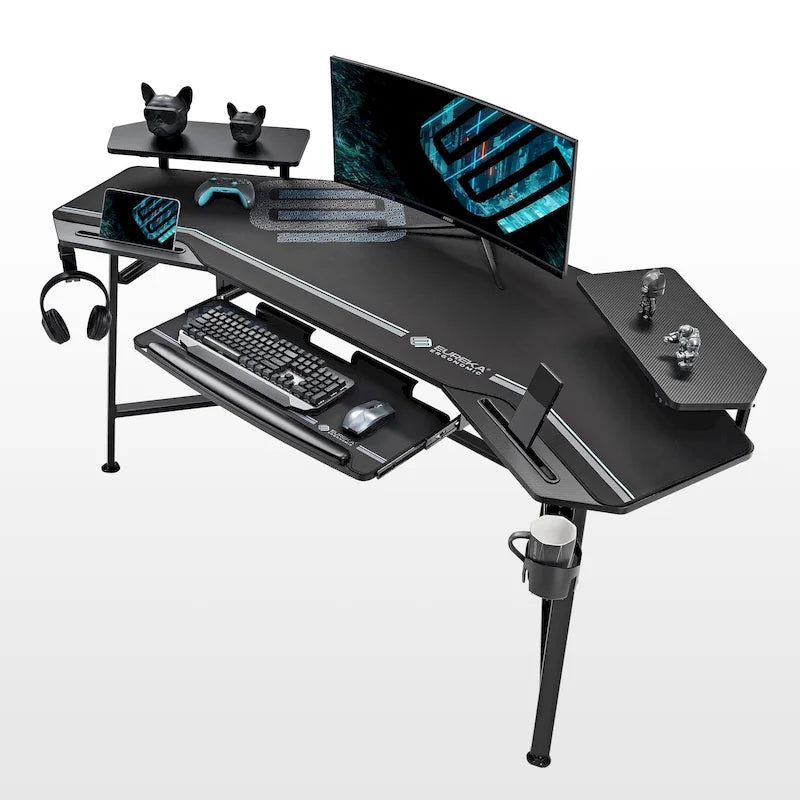Scrivania Gaming Grande 72" Nera Multifunzionale per Computer con Vassoio per Tastiera