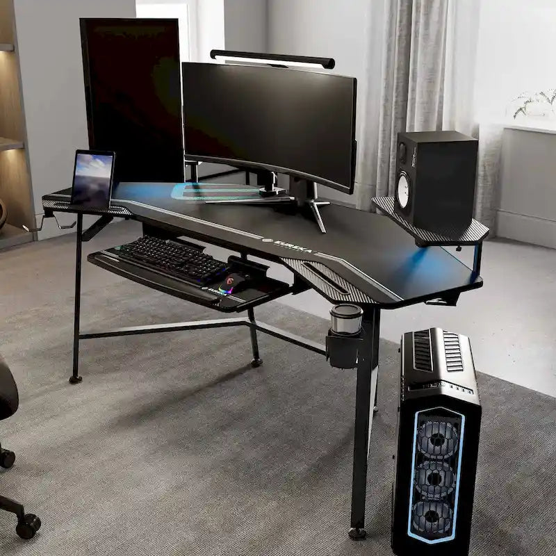 Scrivania Gaming Grande 72" Nera Multifunzionale per Computer con Vassoio per Tastiera