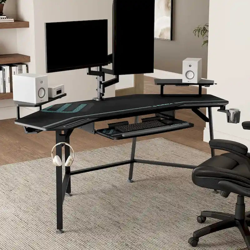 Scrivania Gaming Grande 72" Nera Multifunzionale per Computer con Vassoio per Tastiera