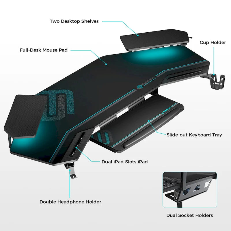 Scrivania Gaming Grande 72" Nera Multifunzionale per Computer con Vassoio per Tastiera