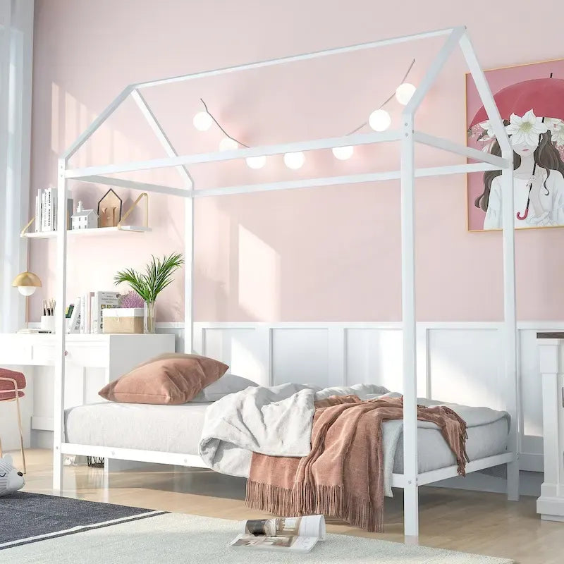 Struttura Letto a Casetta Singolo, Letto per Bambini Struttura Letto a Piattaforma in Metallo Letto Basso per Bambini Ragazzi e Ragazze Nessuna Rete a Molle Necessaria