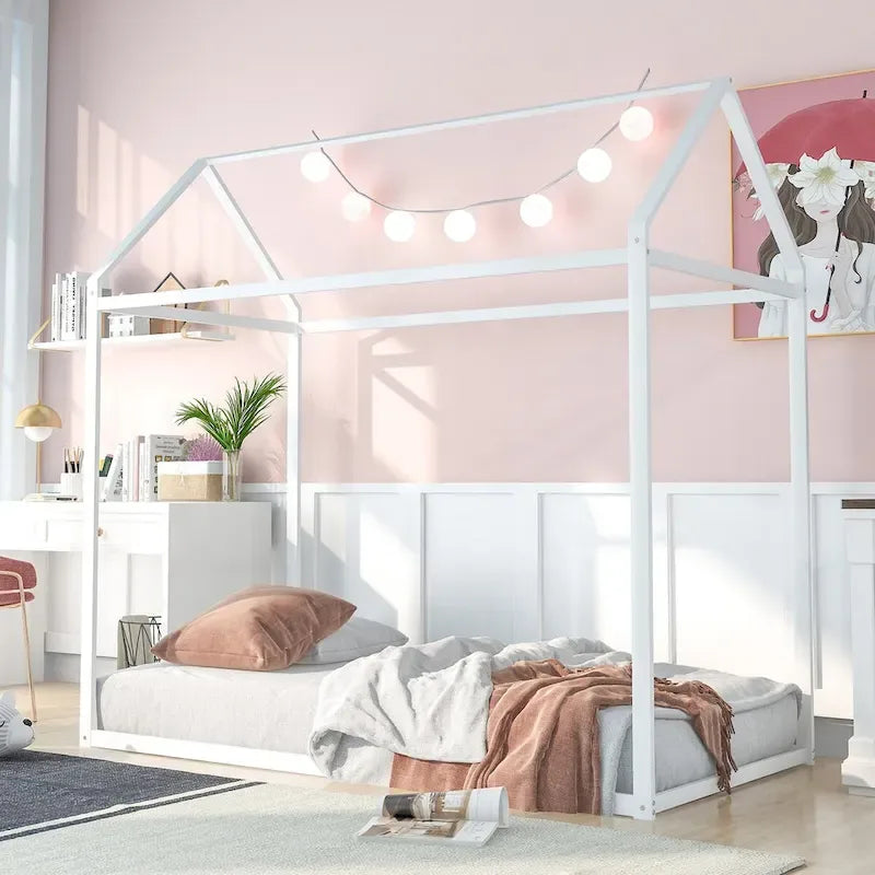 Struttura Letto a Casetta Singolo, Letto per Bambini Struttura Letto a Piattaforma in Metallo Letto Basso per Bambini Ragazzi e Ragazze Nessuna Rete a Molle Necessaria