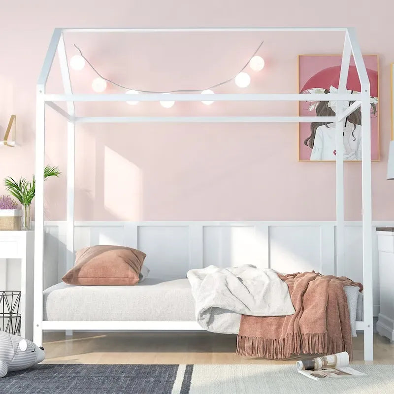 Struttura Letto a Casetta Singolo, Letto per Bambini Struttura Letto a Piattaforma in Metallo Letto Basso per Bambini Ragazzi e Ragazze Nessuna Rete a Molle Necessaria