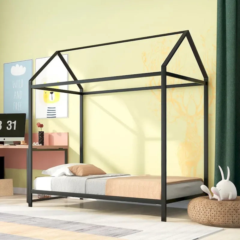 Struttura Letto a Casetta Singolo, Letto per Bambini Struttura Letto a Piattaforma in Metallo Letto Basso per Bambini Ragazzi e Ragazze Nessuna Rete a Molle Necessaria
