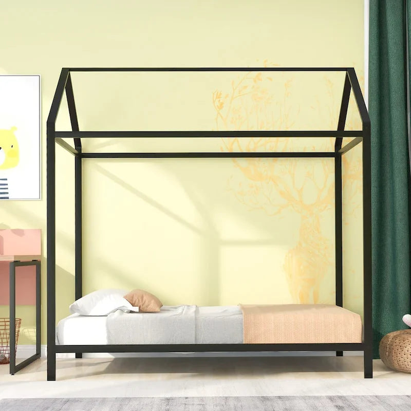 Struttura Letto a Casetta Singolo, Letto per Bambini Struttura Letto a Piattaforma in Metallo Letto Basso per Bambini Ragazzi e Ragazze Nessuna Rete a Molle Necessaria