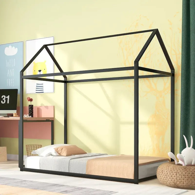 Struttura Letto a Casetta Singolo, Letto per Bambini Struttura Letto a Piattaforma in Metallo Letto Basso per Bambini Ragazzi e Ragazze Nessuna Rete a Molle Necessaria