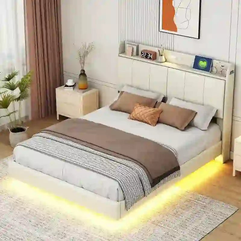 Base letto matrimoniale "Queen Size" flottante con testiera contenitore, letto a piattaforma imbottito moderno con porte USB