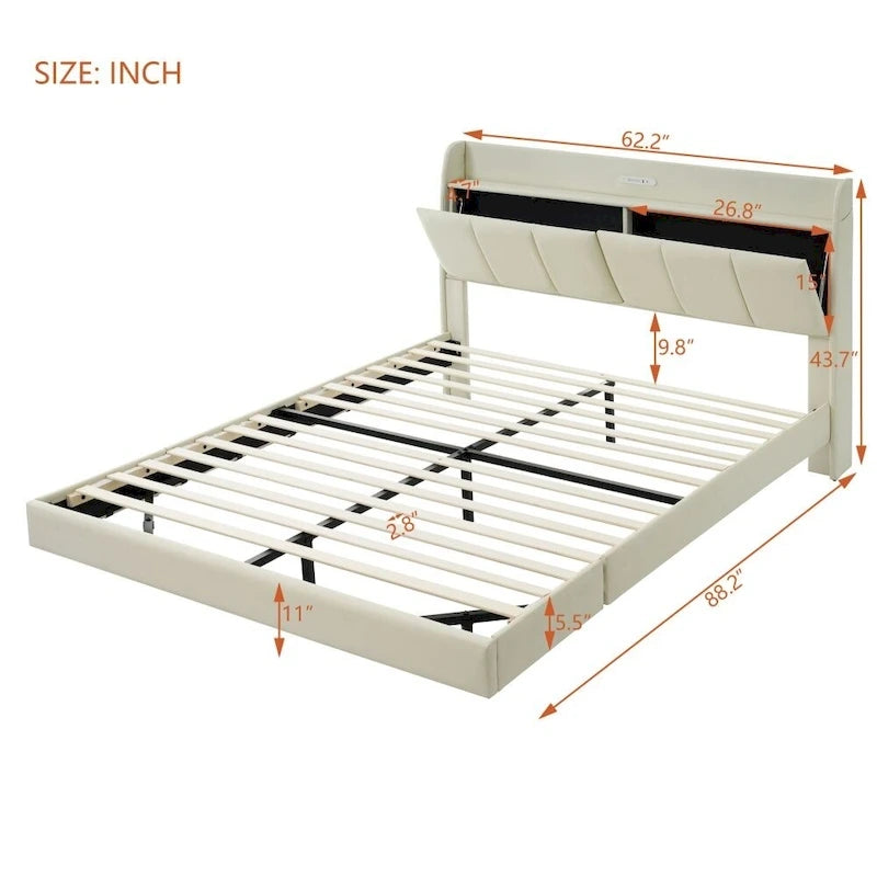 Base letto matrimoniale "Queen Size" flottante con testiera contenitore, letto a piattaforma imbottito moderno con porte USB