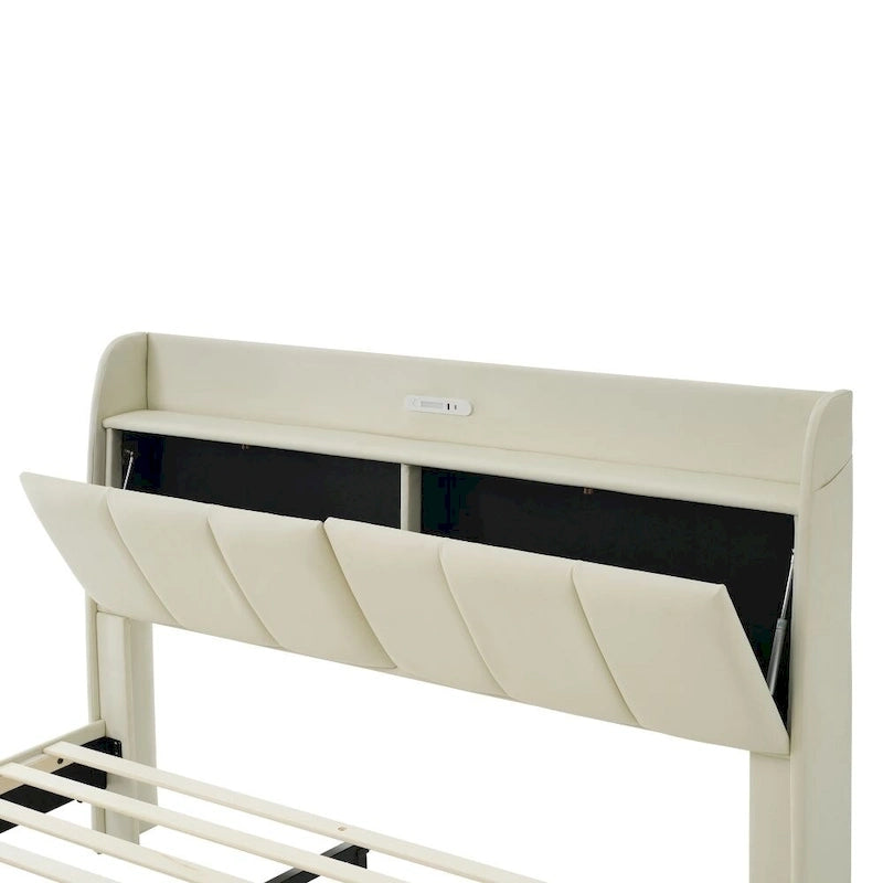 Base letto matrimoniale "Queen Size" flottante con testiera contenitore, letto a piattaforma imbottito moderno con porte USB