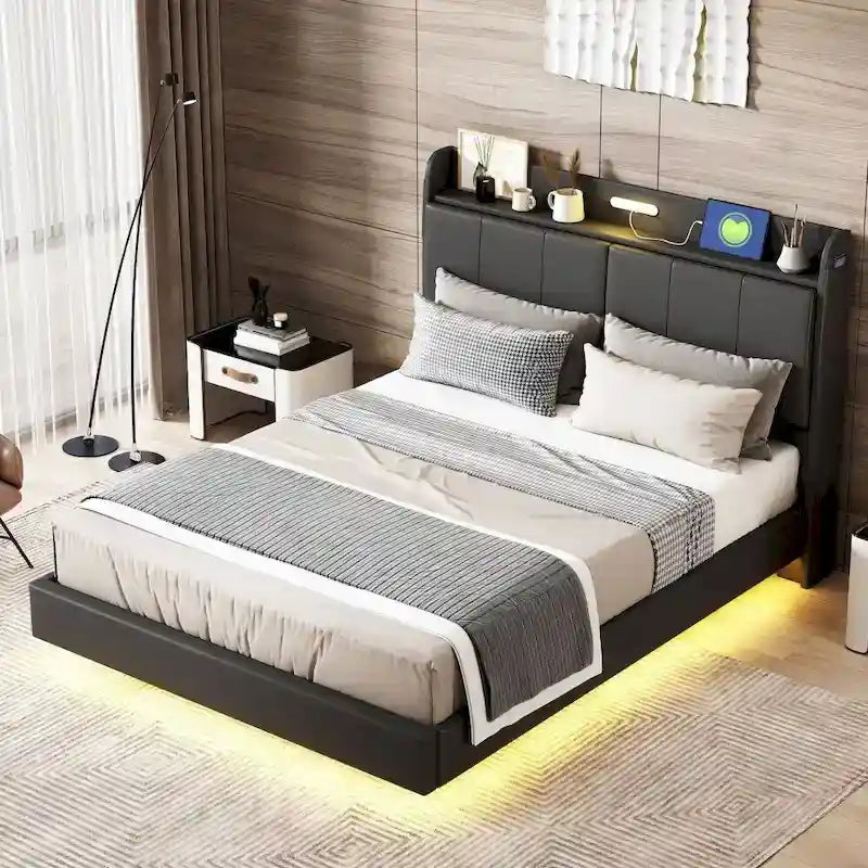 Base letto matrimoniale "Queen Size" flottante con testiera contenitore, letto a piattaforma imbottito moderno con porte USB
