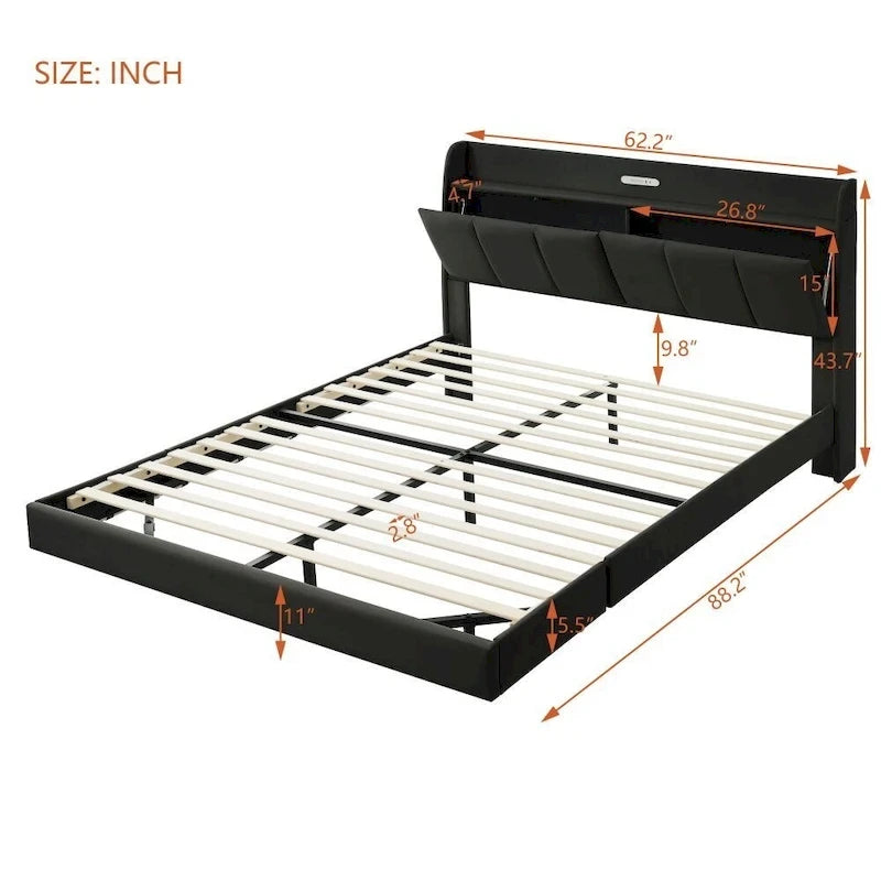Base letto matrimoniale "Queen Size" flottante con testiera contenitore, letto a piattaforma imbottito moderno con porte USB