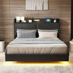 Base letto matrimoniale "Queen Size" flottante con testiera contenitore, letto a piattaforma imbottito moderno con porte USB