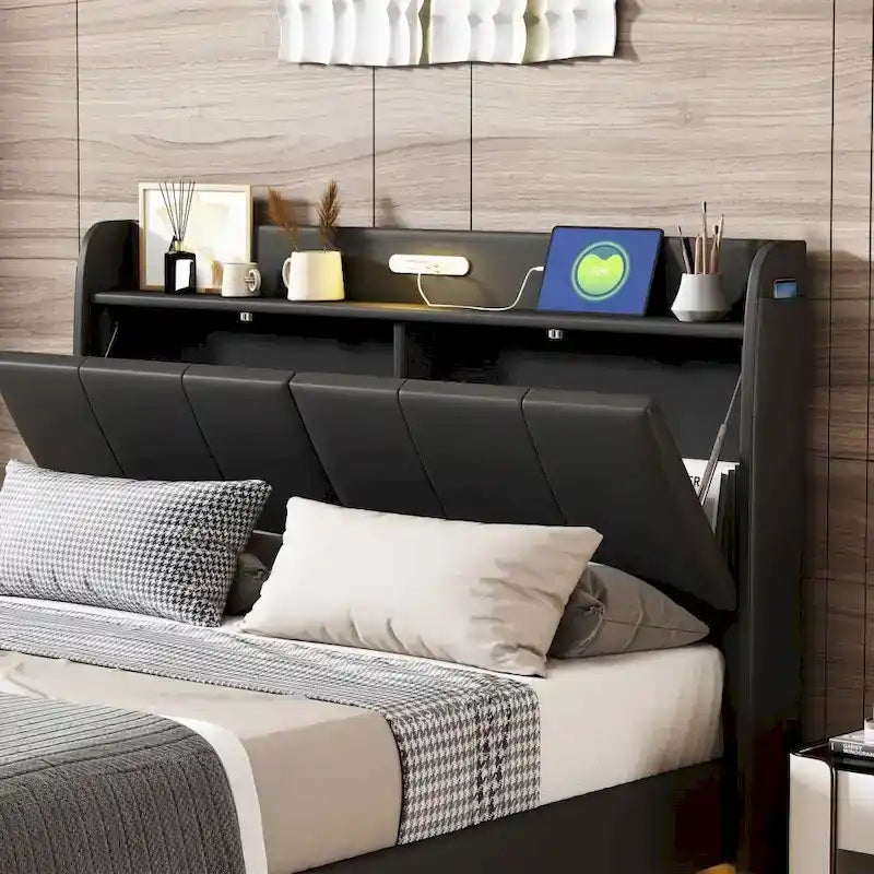 Base letto matrimoniale "Queen Size" flottante con testiera contenitore, letto a piattaforma imbottito moderno con porte USB