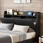 Base letto matrimoniale "Queen Size" flottante con testiera contenitore, letto a piattaforma imbottito moderno con porte USB