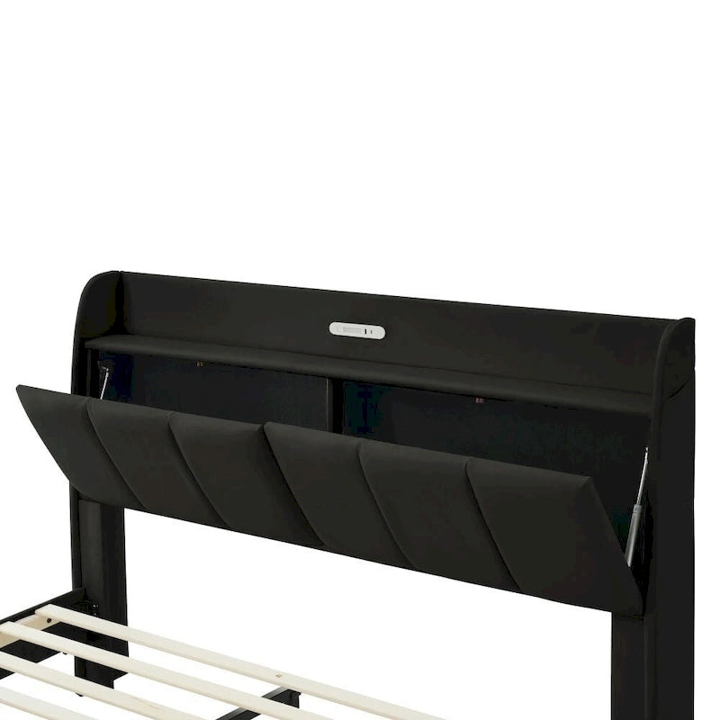 Base letto matrimoniale "Queen Size" flottante con testiera contenitore, letto a piattaforma imbottito moderno con porte USB