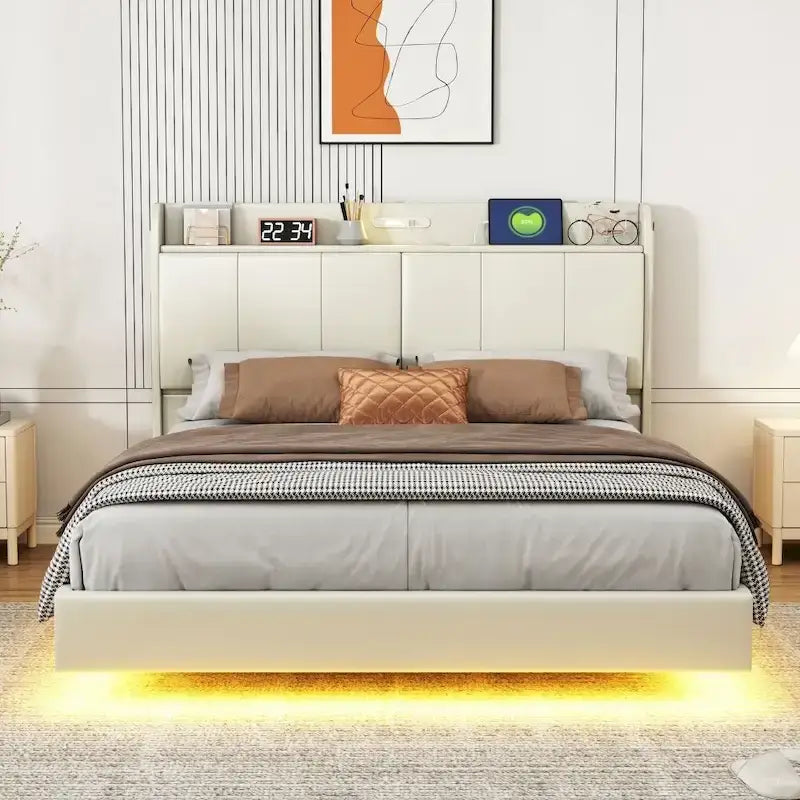 Base letto matrimoniale "Queen Size" flottante con testiera contenitore, letto a piattaforma imbottito moderno con porte USB