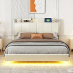Base letto matrimoniale "Queen Size" flottante con testiera contenitore, letto a piattaforma imbottito moderno con porte USB