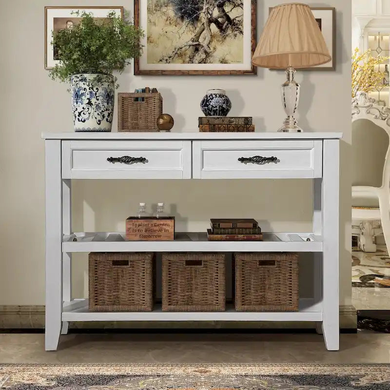 Tavolo da Divano Console con 2 Cassetti e 2 Ripiani, Credenza Madia Laterale in Legno Massello Stile Mid-Century 42