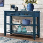 Tavolo da Divano Console con 2 Cassetti e 2 Ripiani, Credenza Madia Laterale in Legno Massello Stile Mid-Century 42