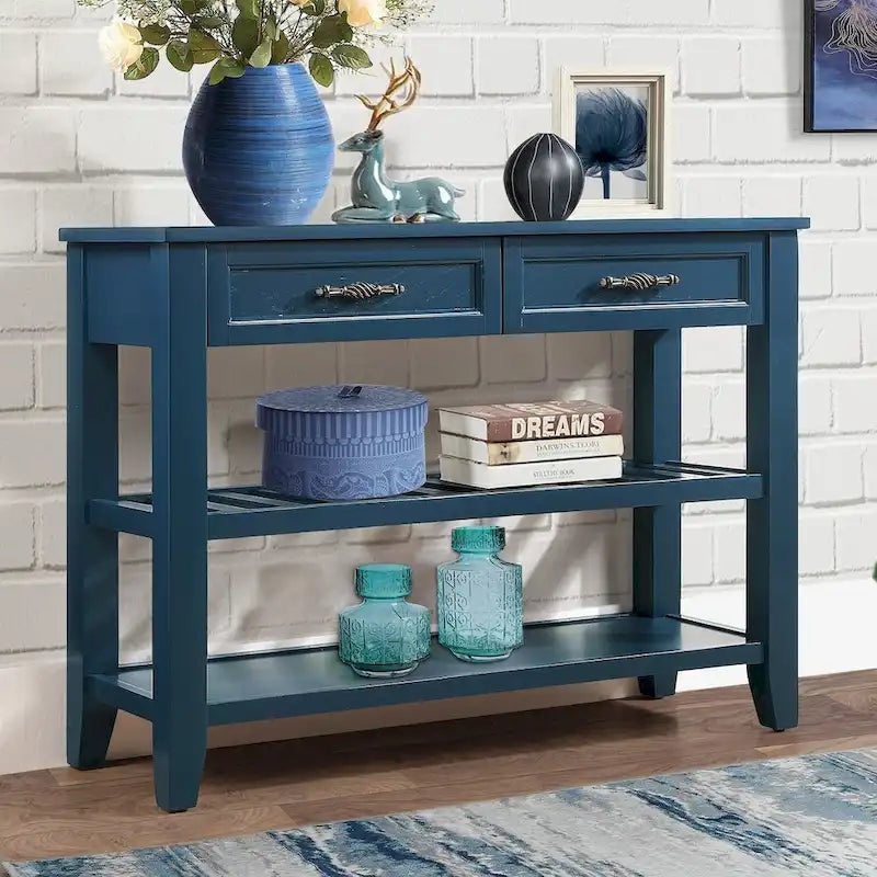 Tavolo da Divano Console con 2 Cassetti e 2 Ripiani, Credenza Madia Laterale in Legno Massello Stile Mid-Century 42