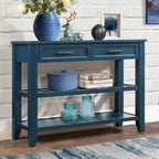 Tavolo da Divano Console con 2 Cassetti e 2 Ripiani, Credenza Madia Laterale in Legno Massello Stile Mid-Century 42