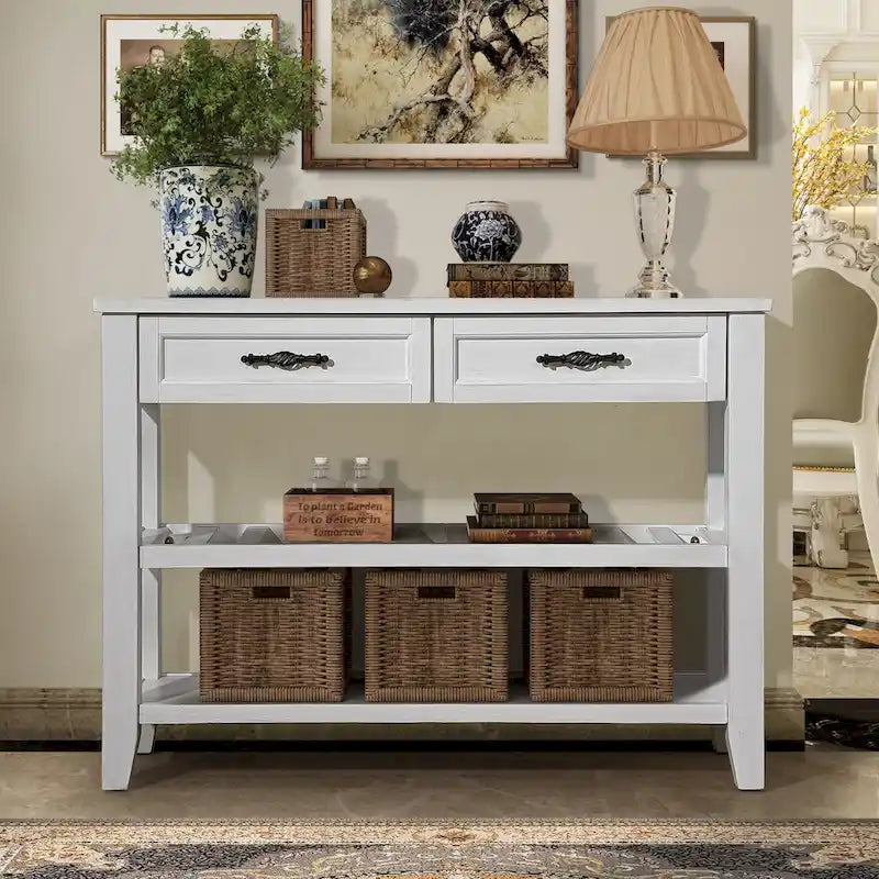 Tavolo da Divano Console con 2 Cassetti e 2 Ripiani, Credenza Madia Laterale in Legno Massello Stile Mid-Century 42