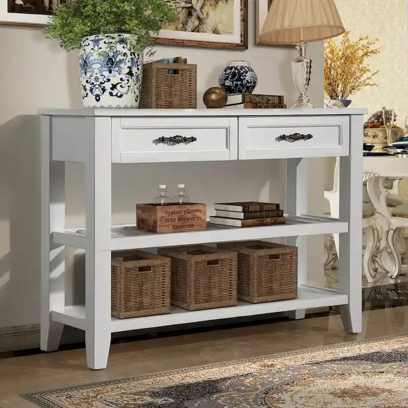 Tavolo da Divano Console con 2 Cassetti e 2 Ripiani, Credenza Madia Laterale in Legno Massello Stile Mid-Century 42