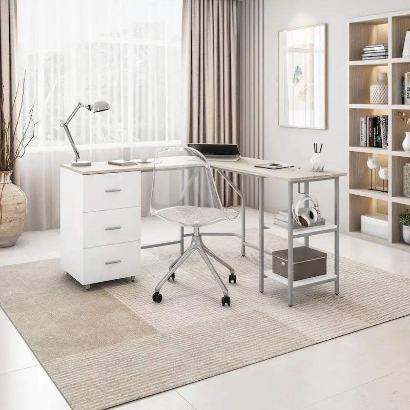 Scrivania a L per ufficio domestico dal design moderno con vani portaoggetti