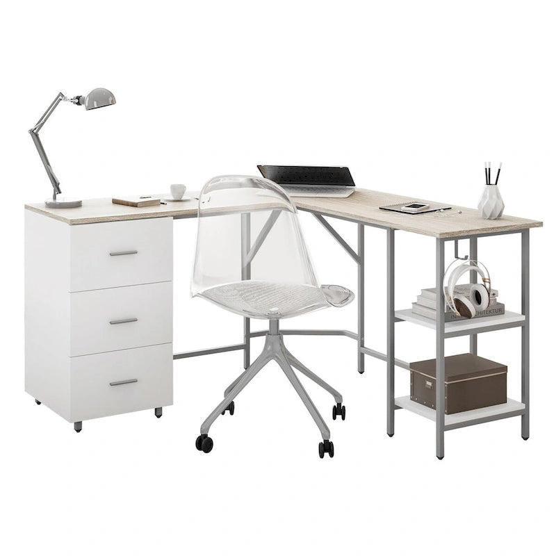 Scrivania a L per ufficio domestico dal design moderno con vani portaoggetti