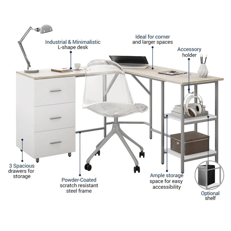 Scrivania a L per ufficio domestico dal design moderno con vani portaoggetti