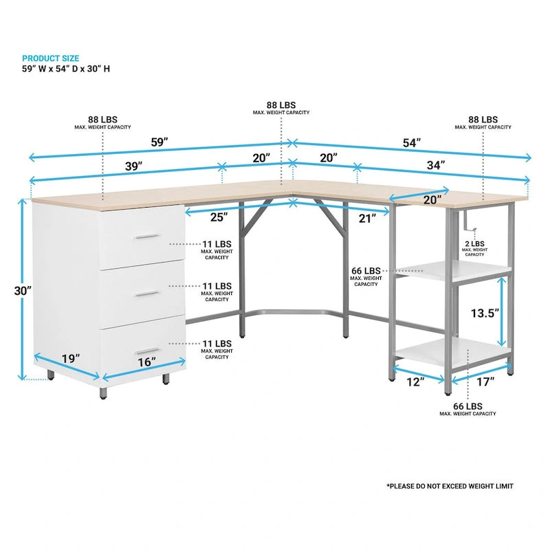 Scrivania a L per ufficio domestico dal design moderno con vani portaoggetti
