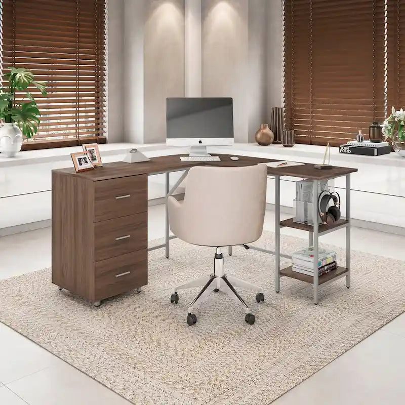 Scrivania a L per ufficio domestico dal design moderno con vani portaoggetti