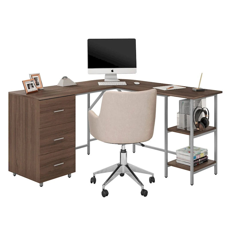 Scrivania a L per ufficio domestico dal design moderno con vani portaoggetti