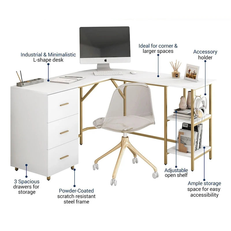Scrivania a L per ufficio domestico dal design moderno con vani portaoggetti