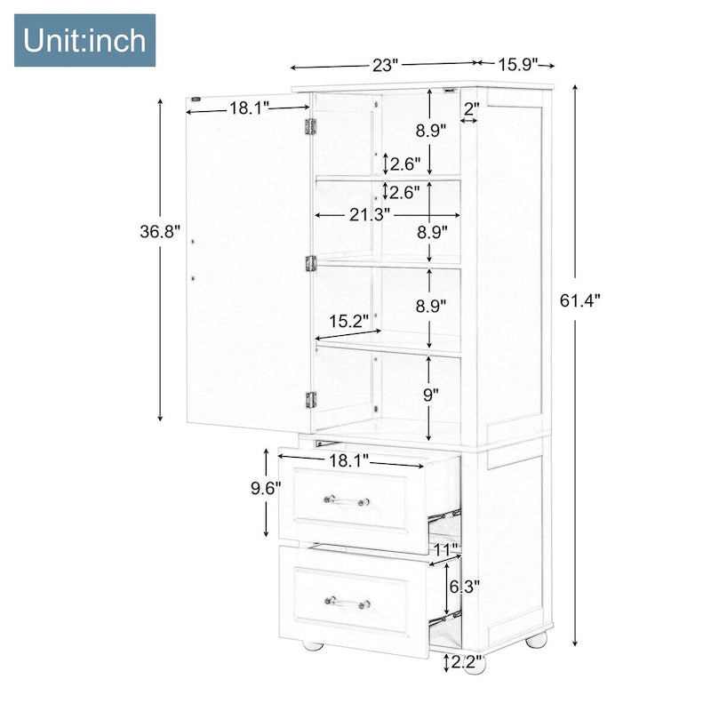 Mobile bagno a colonna in legno alto 61 cm con 1 anta, cassetti e ripiani regolabili